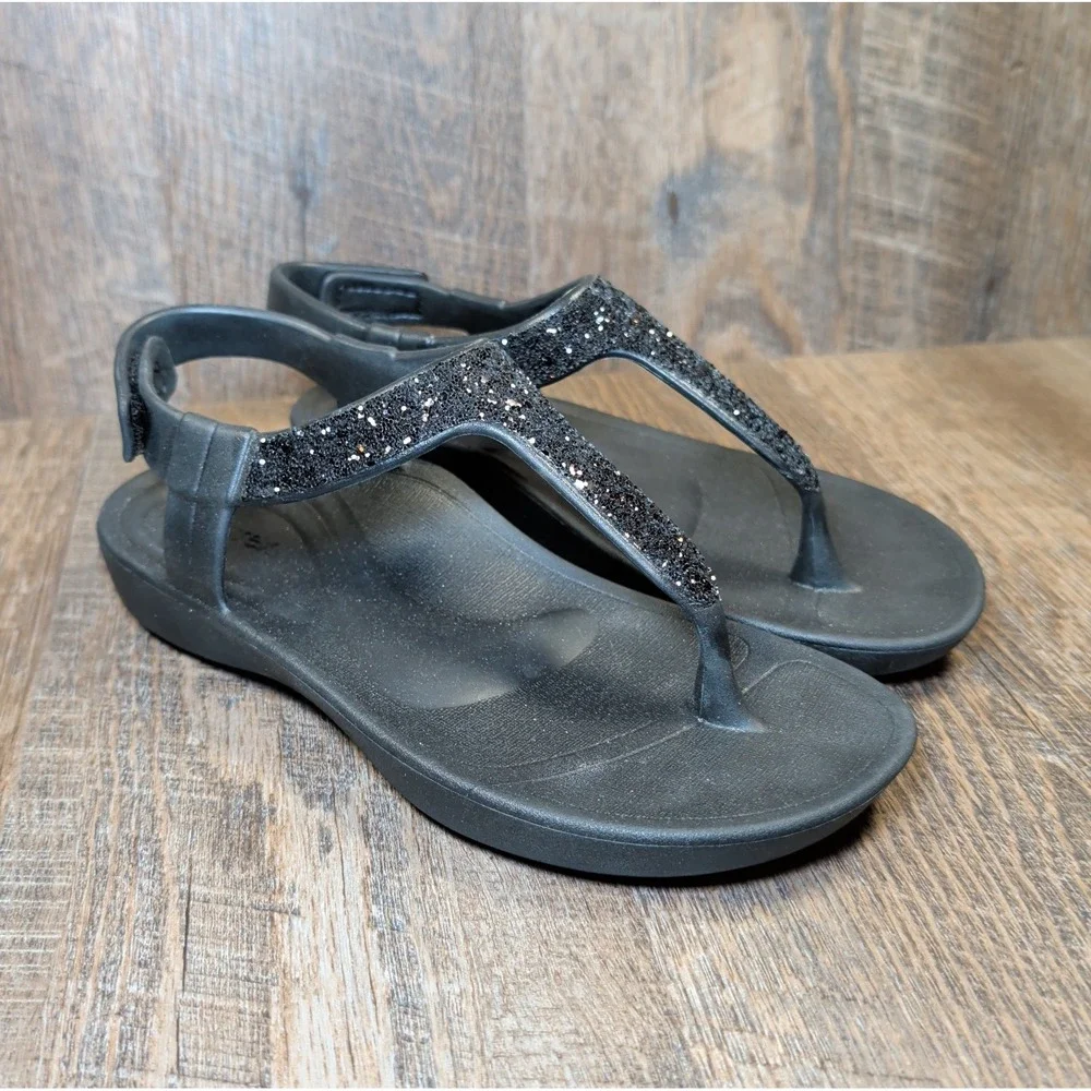 Aetrex Skyler Thong Sandals Black Embellished Womens Size 6 Slingback Comfort